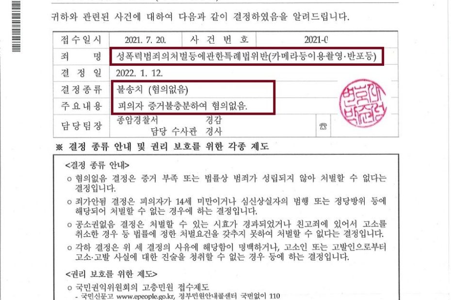 카메라등이용촬영물 소지 유포 '윤드로 저' □ 불송치(혐의없음) | 로톡