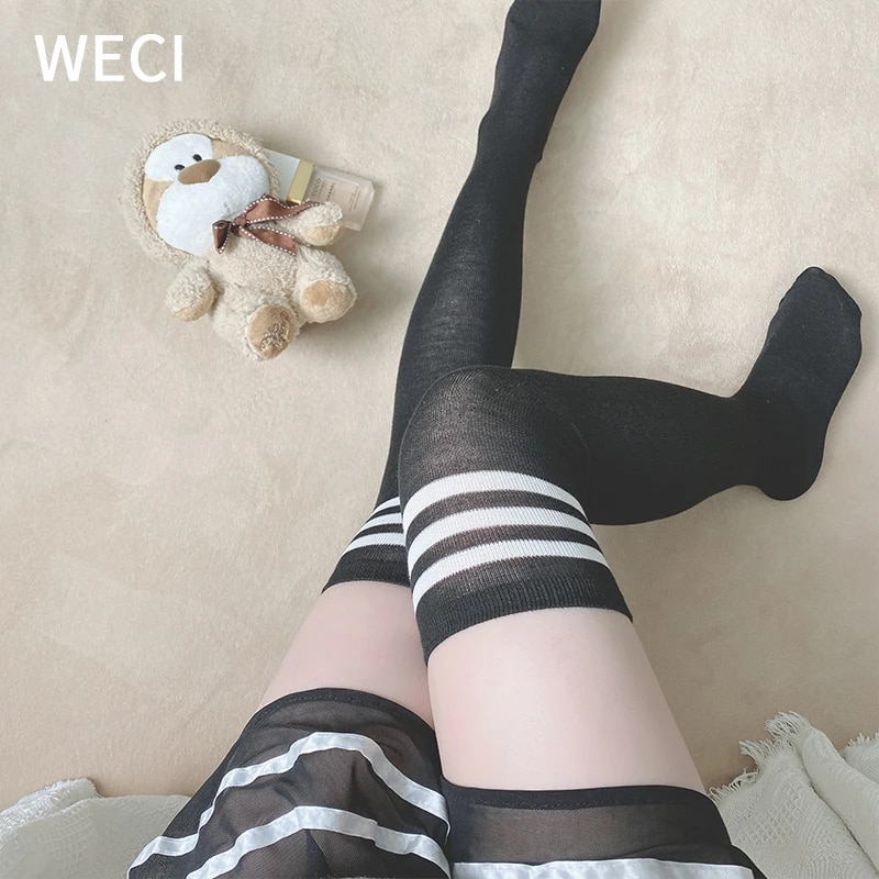 Weci 귀여운 스트라이프 레깅스 여성 블랙 허벅지 무릎 높이 양말, 로리타 코튼 여고생 스타킹, 긴 애니메이션 봄 여름 학생|스타킹|  - Aliexpress